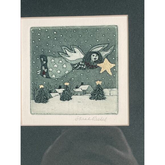 Sarah Rishel Etching Print Framed And Signed Angel Christmas Wintertime - Picture 2 of 5
